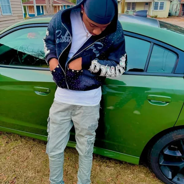 Custom Rhinestone Oversized Print Acid Wash Zip Hoodie