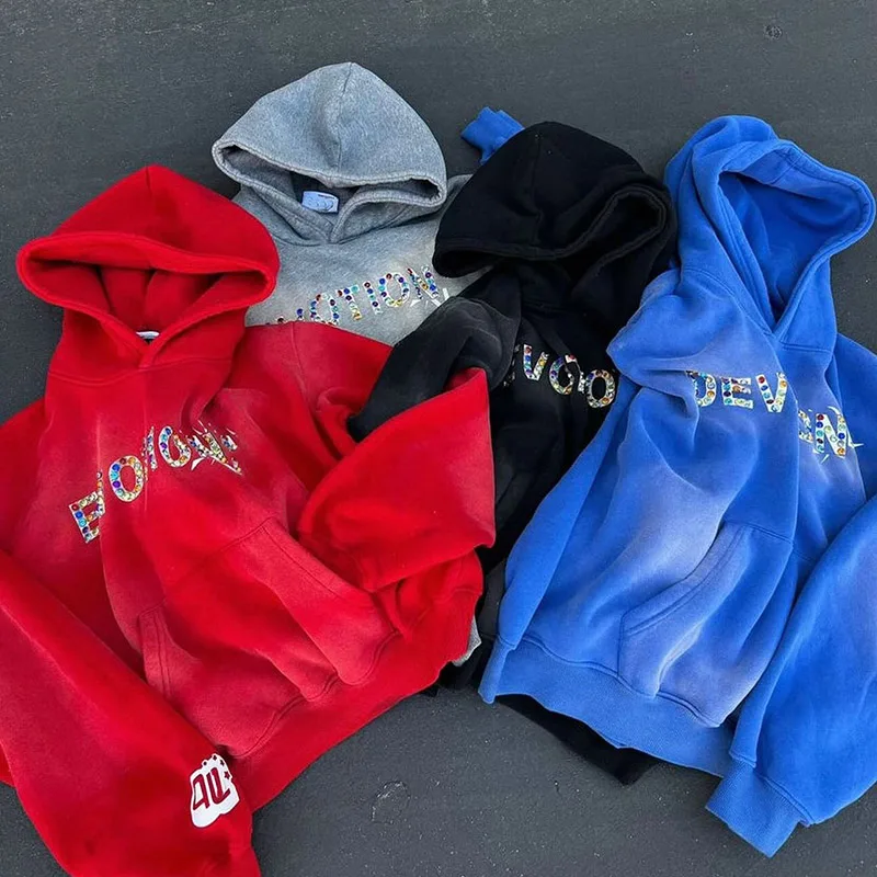 Streetwear Rhinestone Custom Stone Washed Hoodie - Image 2