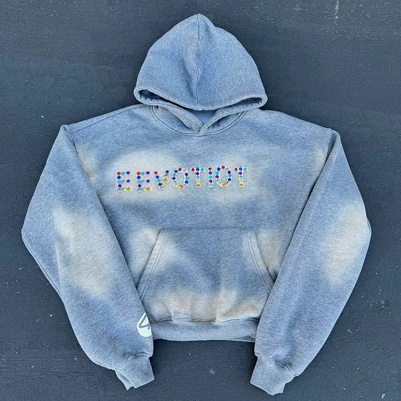 Streetwear Rhinestone Custom Stone Washed Hoodie - Image 4